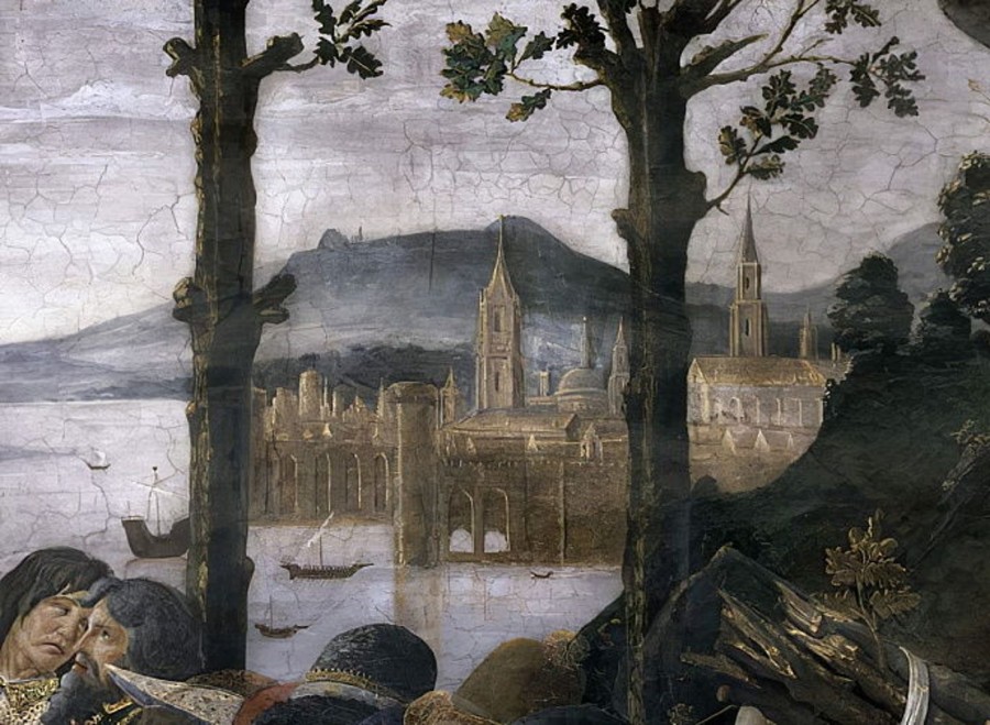 Sandro Botticelli | Master apollon Die Reinigung des Aussätzigen und die Versuchung Christi in der Sixtinischen Kapelle: Detail einer imaginären Hafenstadt in einer Landschaft, Fresko aus dem Jahr 1481 von Sandro Botticelli