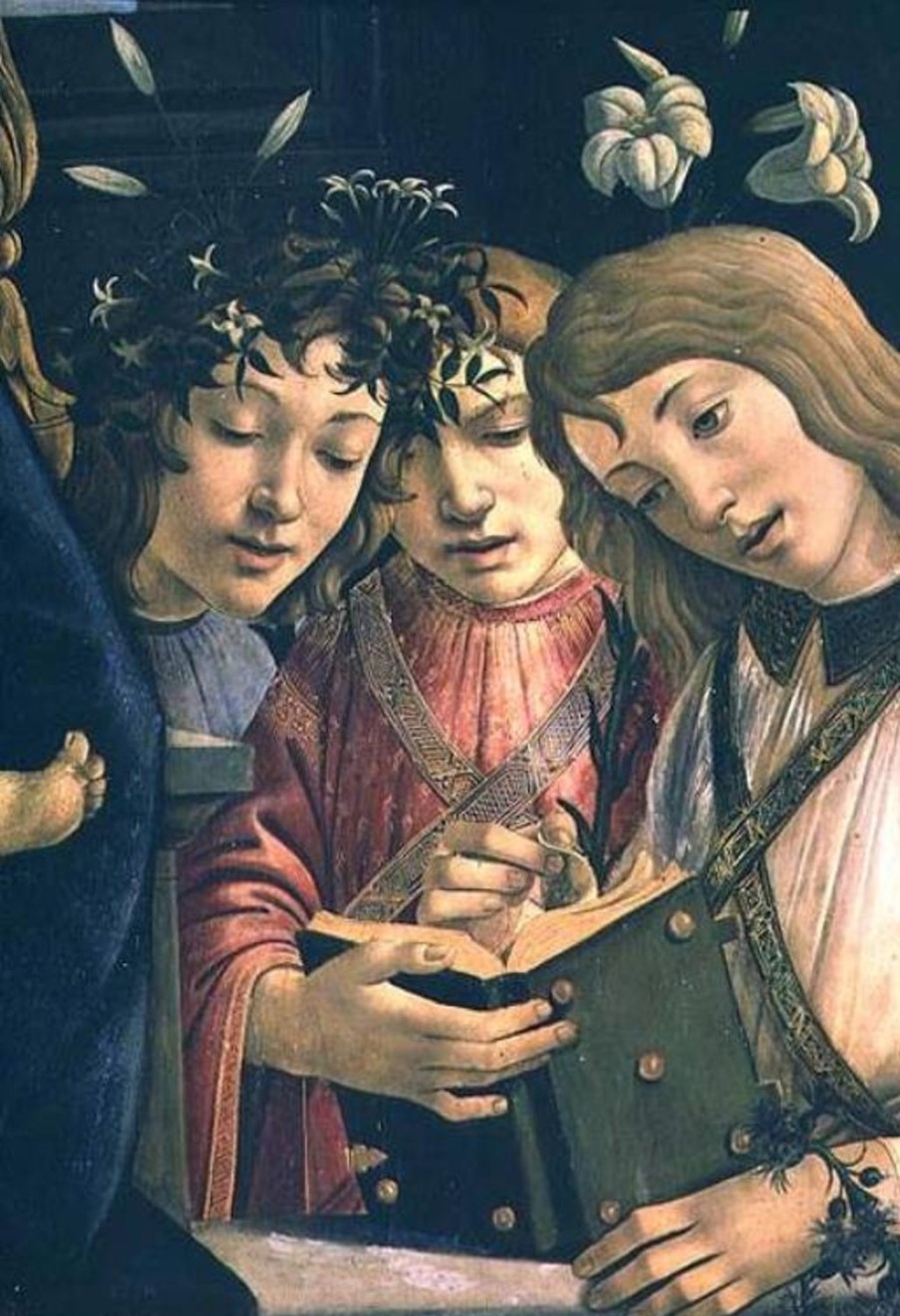 Sandro Botticelli | Master apollon Madonna und Kind mit dem jungen Heiligen Johannes dem Täufer und Engeln: Detail mit drei Engeln – Sandro Botticelli