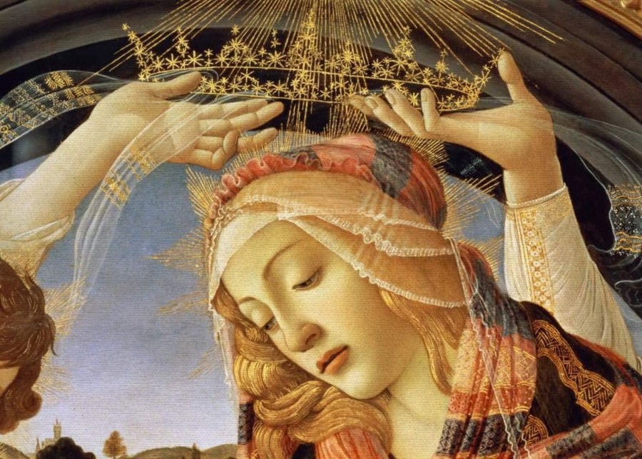 Sandro Botticelli | Master apollon Die Madonna des Magnificat, Detail des Gesichts und der Krone der Jungfrau, 1482 (Tempera auf Tafel) – Sandro Botticelli