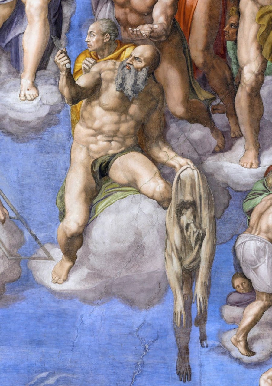 Michel&Angelo | Master apollon Decke der Sixtinischen Kapelle: Das Jüngste Gericht, Detail des Heiligen Barthelemy, der seine enthäutete Haut hält – Michelangelo