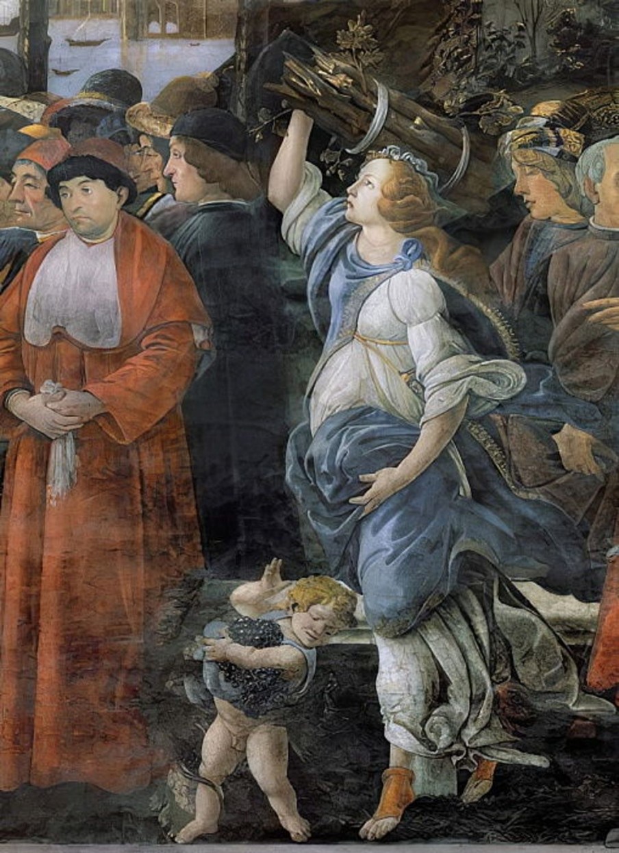 Sandro Botticelli | Master apollon Die Reinigung des Aussätzigen und die Versuchung Christi in der Sixtinischen Kapelle: Detail der Frau, die Holz trägt, und des kleinen Jungen, der Weintrauben trägt, Fresko aus dem Jahr 1481 – Sandro Botticelli