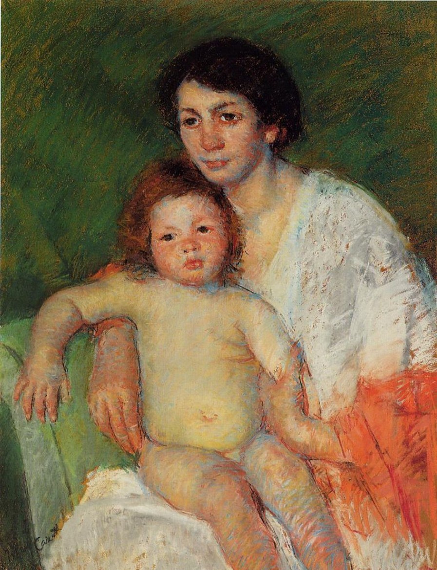 Mary Cassatt | Master apollon Nacktes Baby auf dem Schoß der Mutter, der Arm ruht auf der Stuhllehne – Mary Cassatt