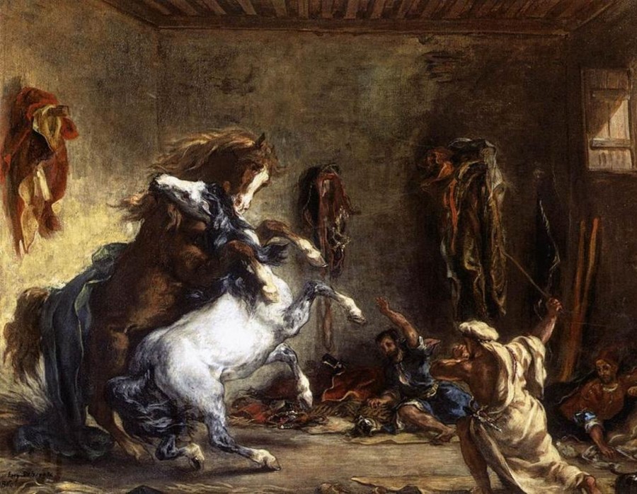 Eugene Delacroix | Master apollon Arabisches Pferd kämpft in einem Stall – Eugene Delacroix