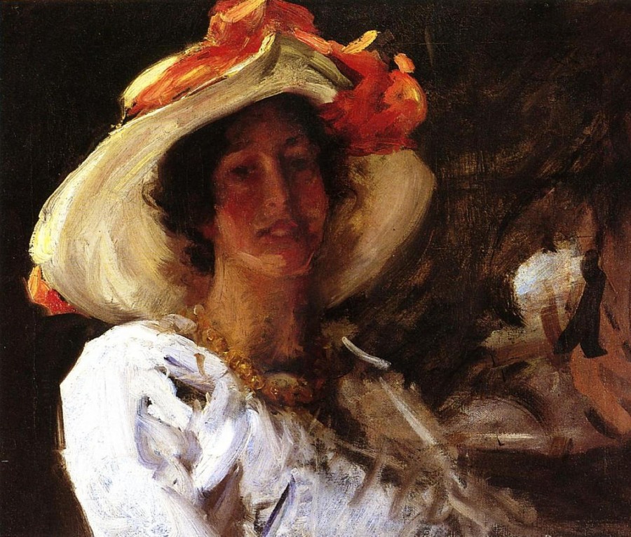 William Merritt Chase | Master apollon Porträt von Clara Stephens, die einen Hut mit orangefarbener Schleife trägt – William Merritt Chase