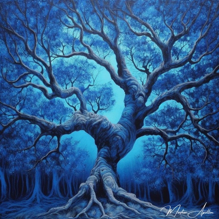 Baummalerei | Master apollon Gemälde „Blauer Baum, Wächter der Nacht“.