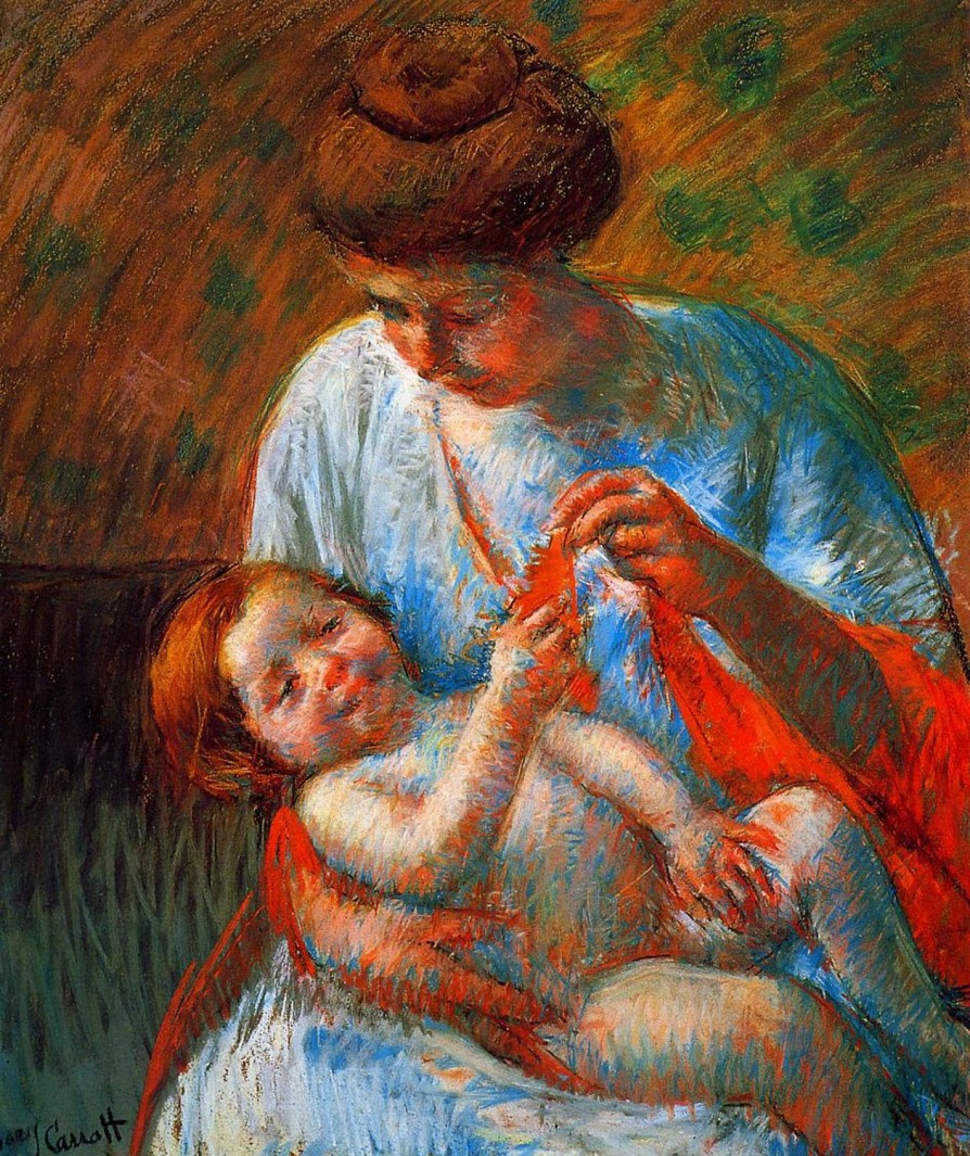 Mary Cassatt | Master apollon Baby liegt auf dem Schoß der Mutter und streckt die Hand aus, um einen Schal zu halten – Mary Cassatt